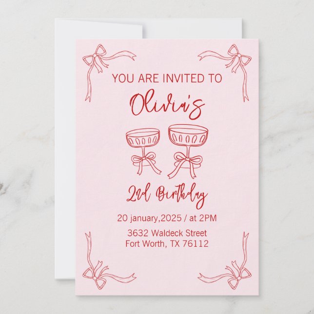 Invitation à l'anniversaire rouge et rose 2e pour  (Devant)