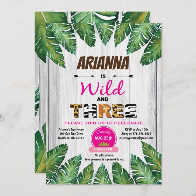 Invitation à l'anniversaire Wild and Three. La jun (Devant / Derrière)