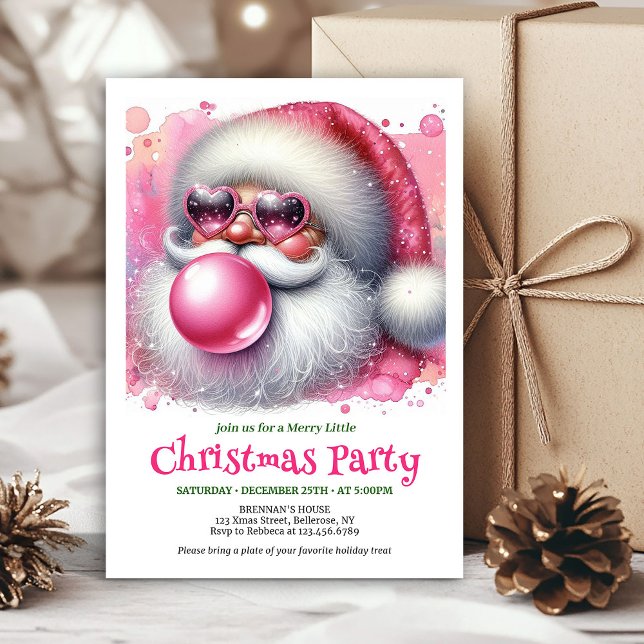 Invitation à l'aquarelle rose de Père Noël à bulle (Editable Watercolor Pink Santa Bubble Gum Invitation

)