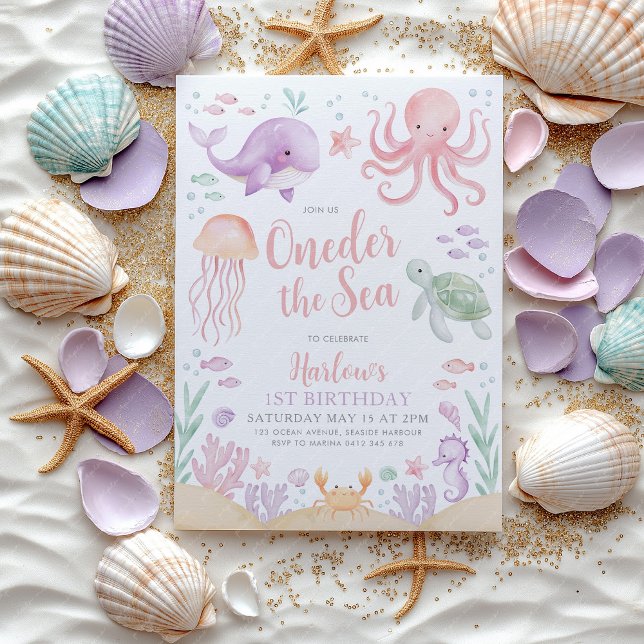 Invitation À L'Auprès De La Sea Girl 1er Anniversaire Rose (Oneder the Sea Girls 1st birthday invitation | Ocean animal theme)