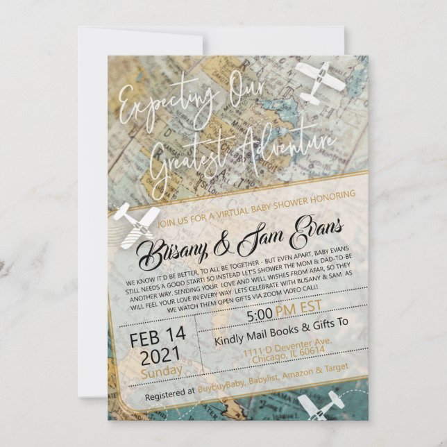 Invitation à l'aventure pour le Baby shower virtue (Devant)