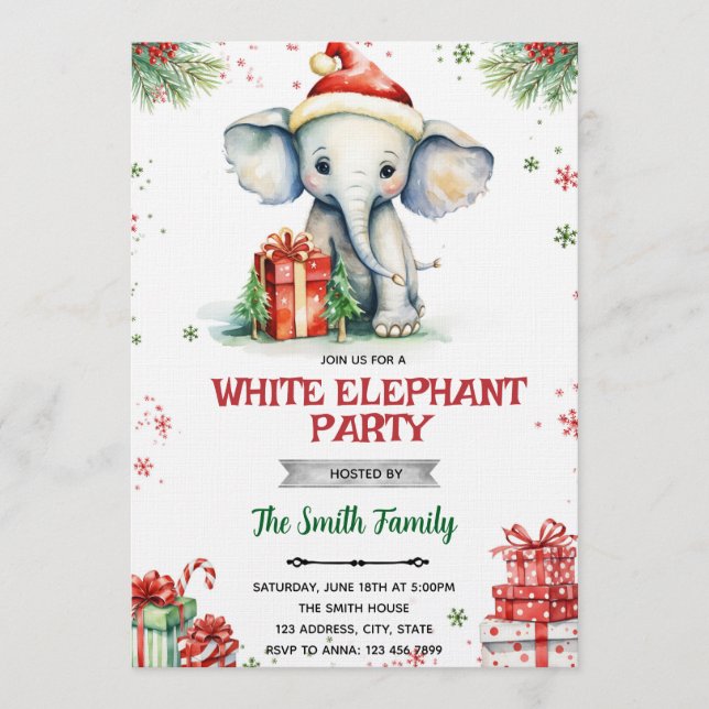 Invitation à l'échange de cadeaux éléphant blanc (Devant)