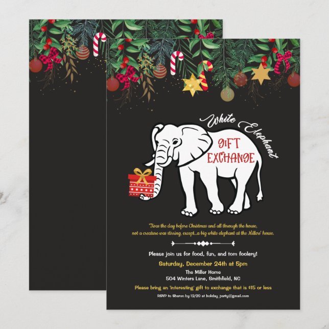 Invitation à l'échange de cadeaux éléphant blanc (Devant / Derrière)