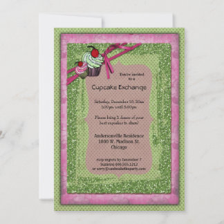 Invitation À L'Échange De Cupcake Vert Et Rose Par
