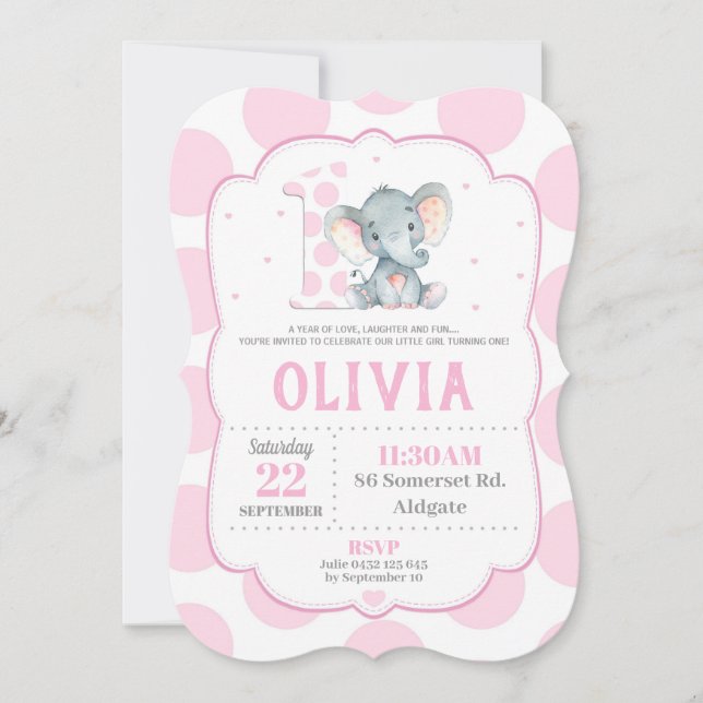 Invitation à l'éléphant 1er anniversaire Pois rose (Devant)