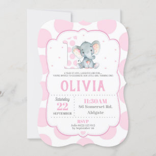 Invitation à l'éléphant 1er anniversaire Pois rose