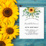 Invitation à l'eucalyptus de tournesol d'anniversa<br><div class="desc">Pour une fête d'anniversaire de 40e (ou tout âge). Un arrière - plan blanc décoré de tournesols aquarellés,  de verdure d'eucalyptus. Personnalisez et ajoutez votre nom et les détails de votre fête.</div>