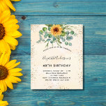 Invitation à l'eucalyptus de tournesol d'anniversa<br><div class="desc">Pour une fête d'anniversaire de 40e (ou tout âge). Un arrière - plan doré à l'eau décoré de tournesols aquarellés,  de verdure d'eucalyptus. Parties scintillant en or faux,  étincelles. Personnalisez et ajoutez votre nom et les détails de votre fête.</div>