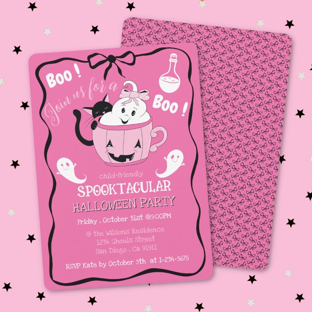Invitation à l'Halloween pour enfant rose mignon a (Cute pink kid-friendly Halloween party invitation with a doodle black bow .)