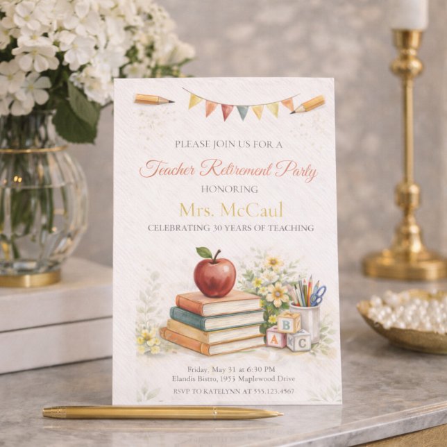 Invitation à l'honneur de l'héritage d'un enseigna (Teacher retirement celebration with watercolor classroom details and apple book accents)