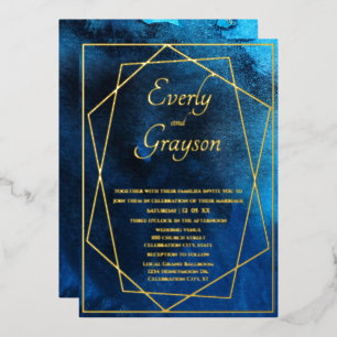 Invitation à l'huile Mariage bleu et or géométriqu