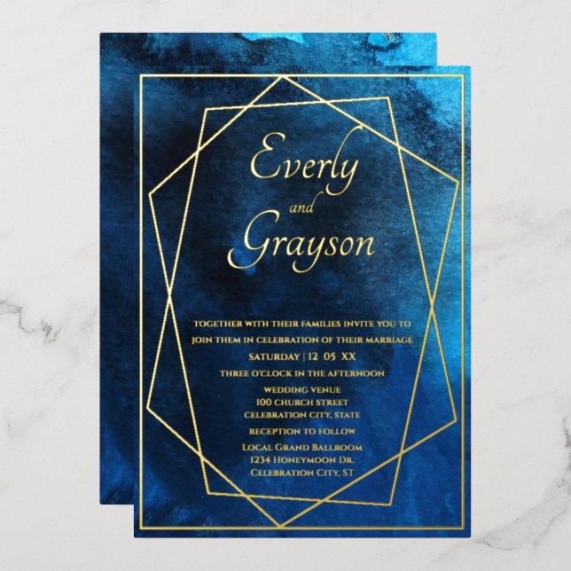 Invitation à l'huile Mariage bleu et or géométriqu (Recto/Verso)