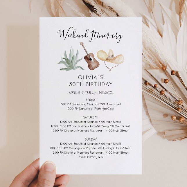 Invitation à l'itinéraire d'anniversaire de week-e (Mexico Weekend Birthday Itinerary Invitation)