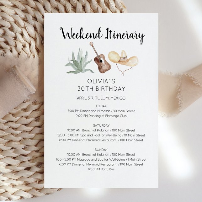 Invitation à l'itinéraire d'anniversaire de week-e (Mexico Weekend Birthday Itinerary Invitation)