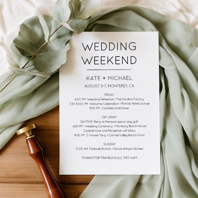 Invitation à l'itinéraire d'un week-end de mariage (Minimalist Black and White Wedding Weekend Itinerary)