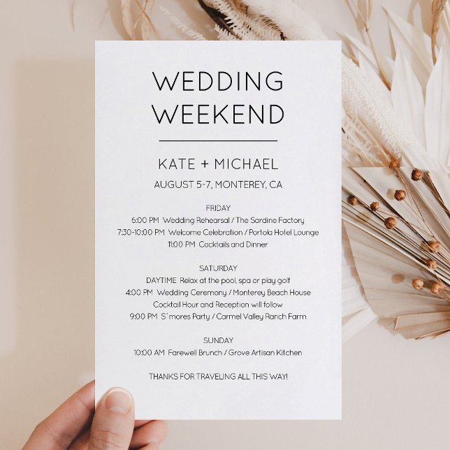 Invitation à l'itinéraire élégant de week-end de m (modern Wedding Weekend Itinerary Invitation)
