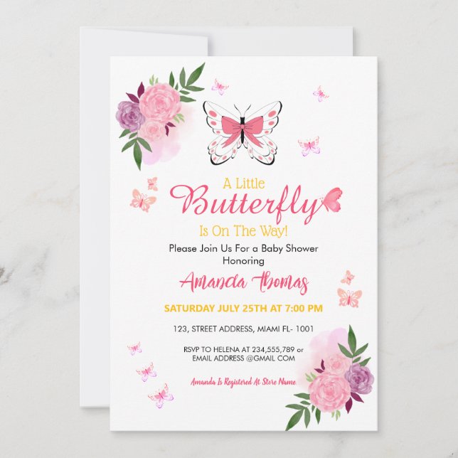 Invitation A Little Baby Butterfly Is On The Way Baby Shower  (Devant)