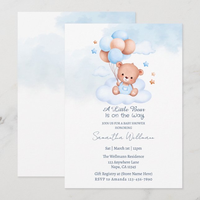 Invitation A Little Bear Is on the Way Customizable Template  (Devant / Derrière)