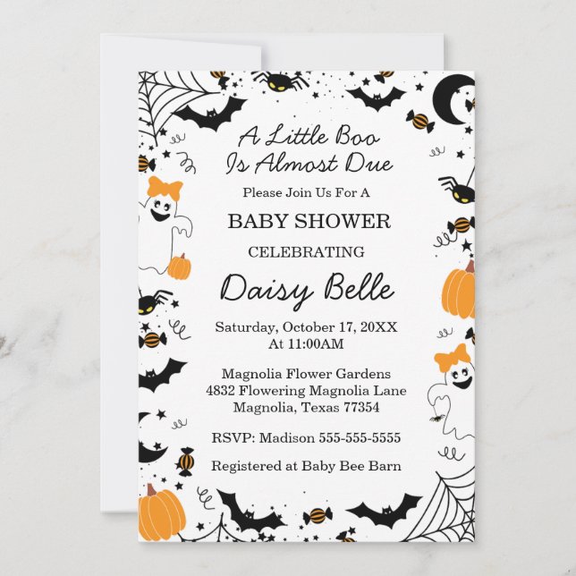 Invitation A Little Boo Is Almost Due Orange Girl Baby Shower (Devant)