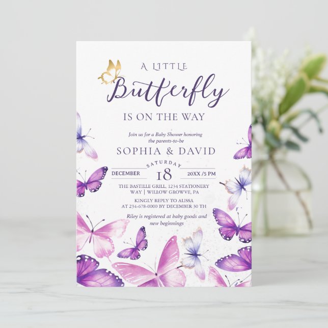 Invitation A Little Butterfly Gold & Purple Baby Shower  (Debout devant)