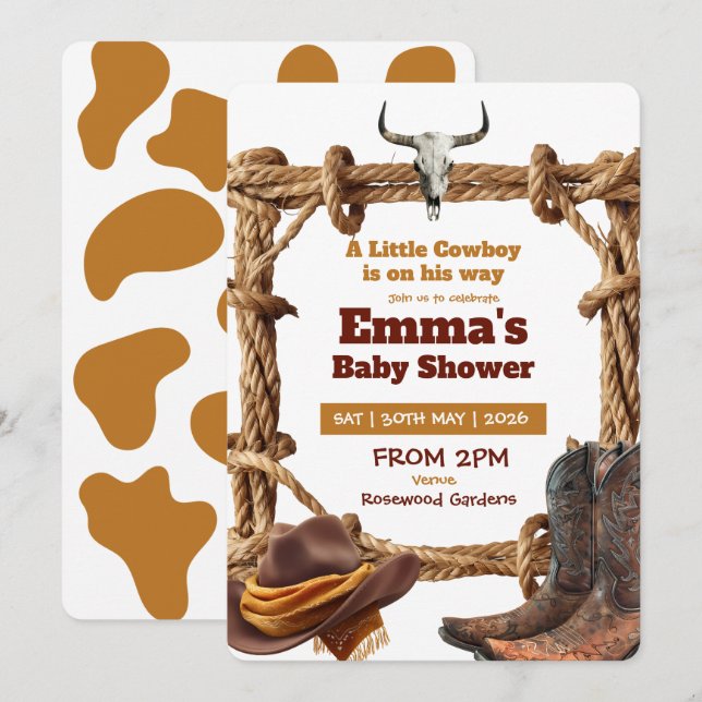 Invitation A Little Cowboy Rope and Boots Western Baby Shower (Devant / Derrière)