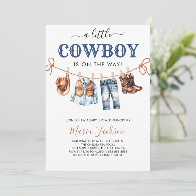 Invitation A Little Cowboy Wild West Blue boy Baby Shower (Debout devant)
