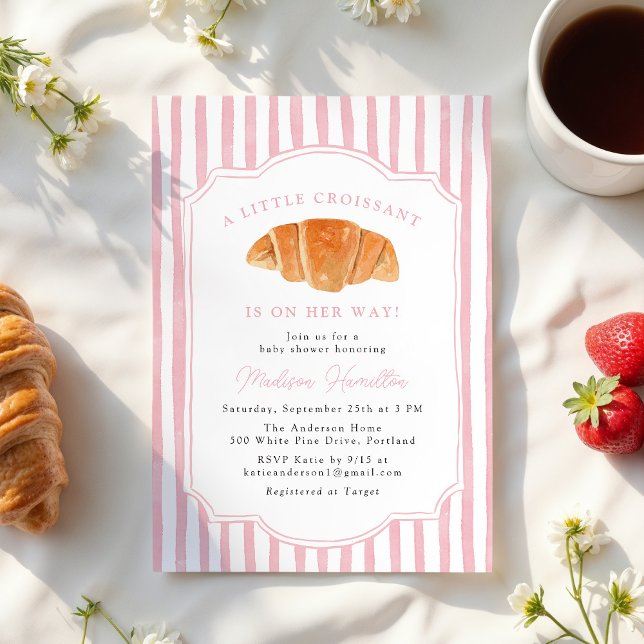 Invitation A Little Croissant Is on Her Way Pink Baby Shower (Créateur téléchargé)