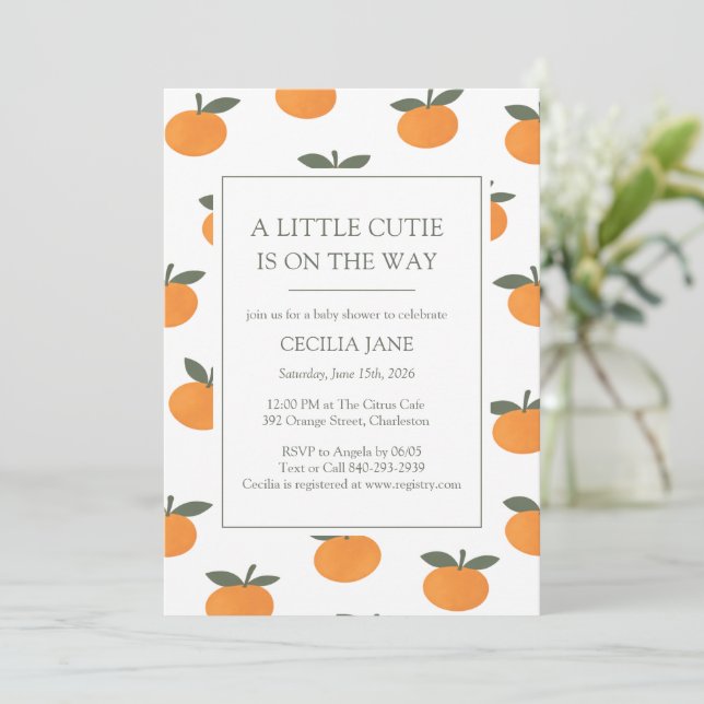 Invitation A Little Cutie Orange Gender Neutral Baby Shower (Debout devant)