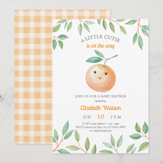 Invitation A Little Cutie Orange Gingham Citrus Baby Shower (Devant / Derrière)
