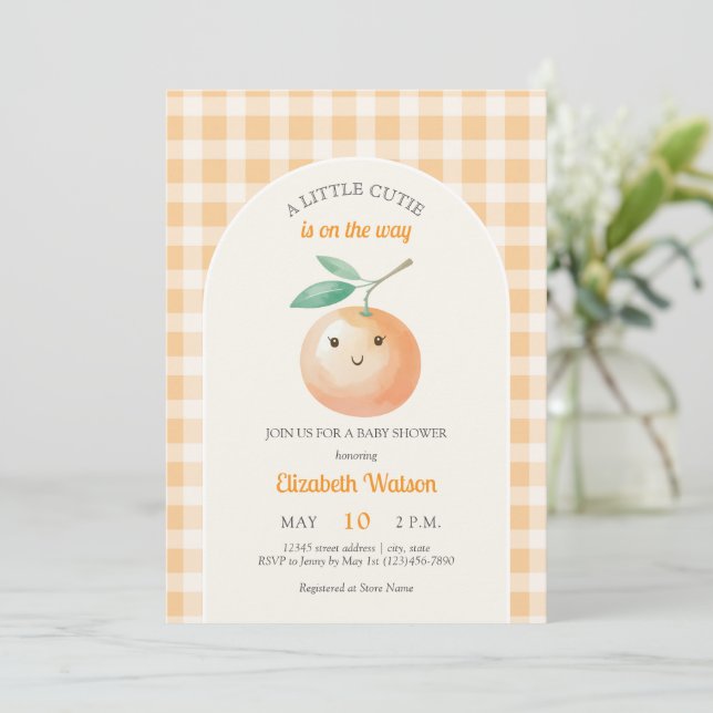 Invitation A Little Cutie Orange Gingham Citrus Baby Shower (Debout devant)