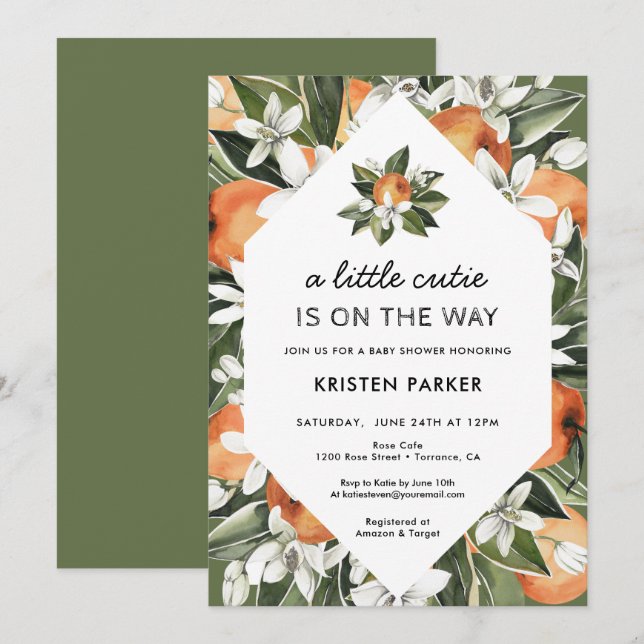 Invitation A Little Cutie se trouve sur le Baby shower vert W (Devant / Derrière)