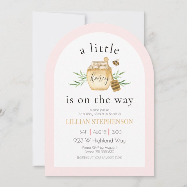 Invitation A Little Honey Is On The Way Pink Bee Baby Shower (Devant)