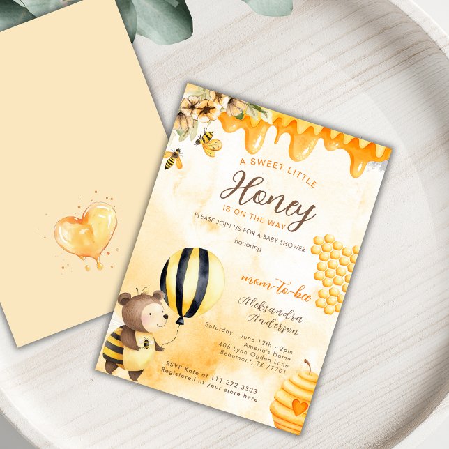 Invitation A Little Honey On Way Bee Bear Floral Baby Shower  (Créateur téléchargé)