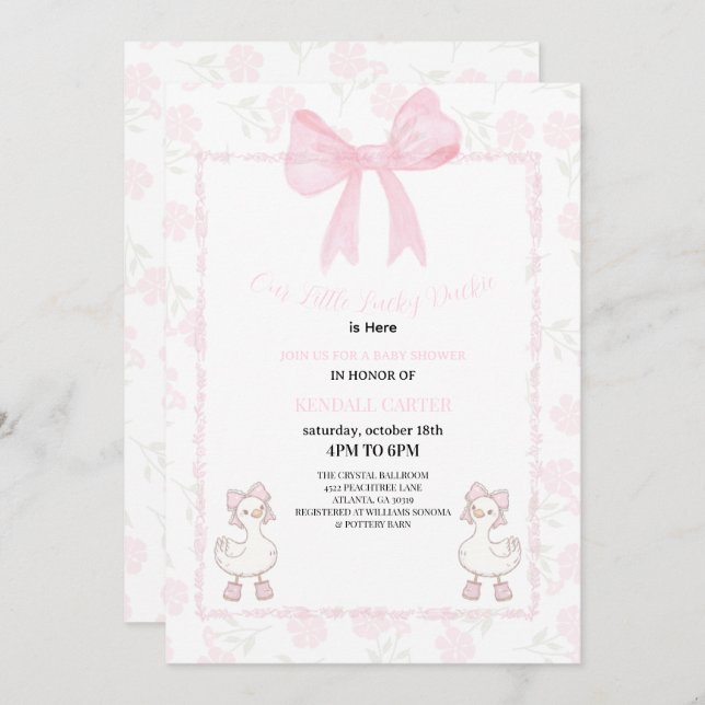Invitation A Little Lucky Duckie Pink Bow Floral Baby Shower (Devant / Derrière)