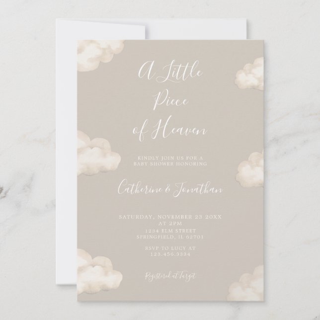 Invitation A Little Piece Of Heaven Beige Clouds Baby Shower (Devant)