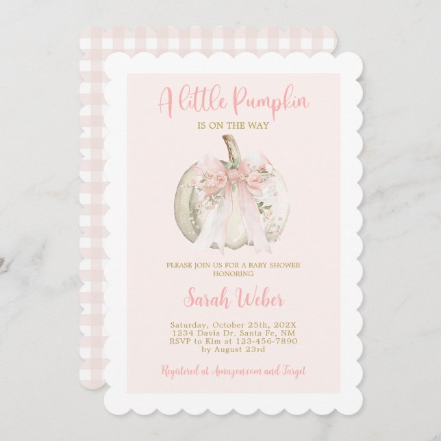 Invitation A little pumpkin gingham fall baby shower girl (Devant / Derrière)