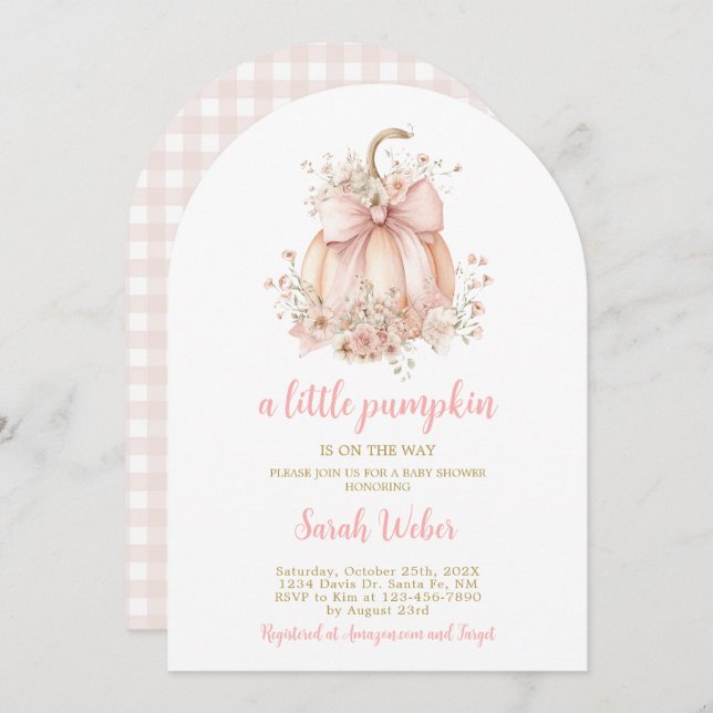 Invitation A little pumpkin gingham fall baby shower girl (Devant / Derrière)