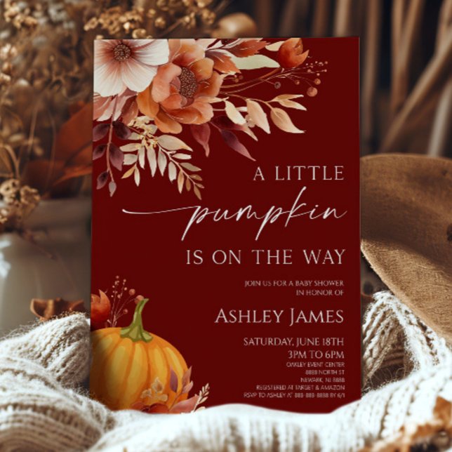 Invitation A Little Pumpkin Rusty Burgundy Floral Baby Shower (Créateur téléchargé)