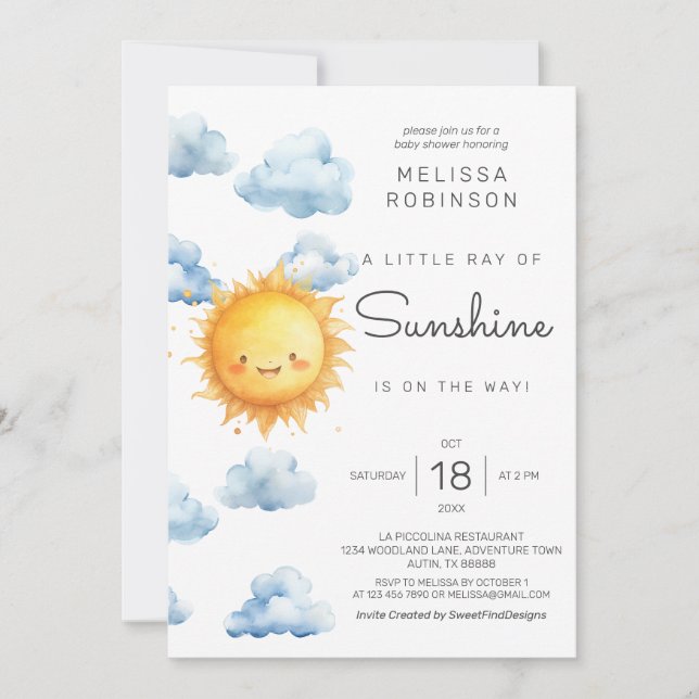 Invitation A Little Ray of Sunshine is on the way Baby Shower (Devant)