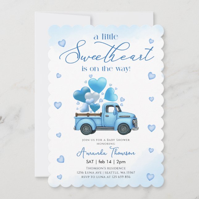 Invitation A little Sweetheart blue Truck Baby Shower (Devant)