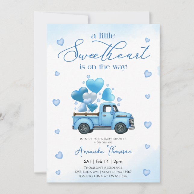 Invitation A little Sweetheart blue Truck Baby Shower (Devant)