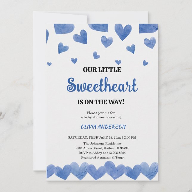 Invitation A Little Sweetheart Blue Valentine Baby Shower  (Devant)