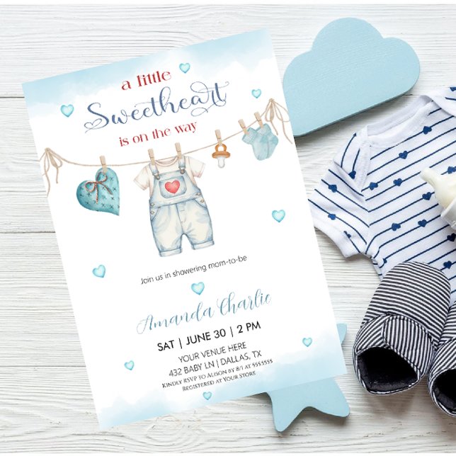 Invitation A little sweetheart clothesline Boy baby shower  (Créateur téléchargé)