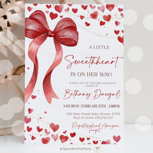 Invitation A Little Sweetheart Valentine Baby Is on her way  (A little Sweetheart baby shower invitation Valentines Day Bow red )