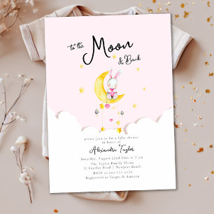 Invitation À Lune Retour Rabbit Coeur rose Baby shower fille