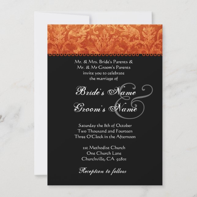Invitation à Mariage damassé blanche orange noire (Devant)