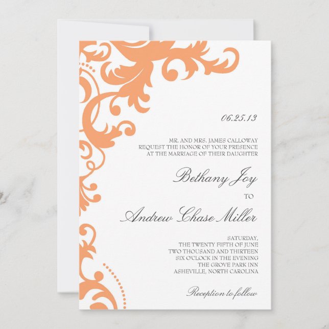 Invitation à Mariage damassé Élégante Orange Peach (Devant)