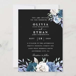 invitation à mariage noire blanche et bleue floral