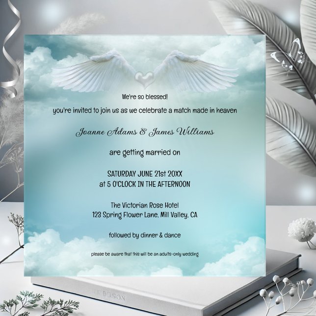 Invitation A Match Made in Heaven Angel Wings Wedding (Cloud nine wedding invitation featuring angel wings on a soft cloud. A match made in heaven)