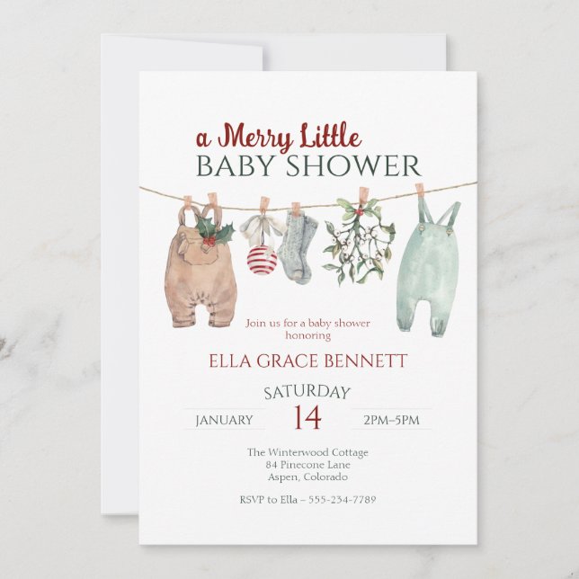 Invitation A Merry Little Baby Shower Christmas Clothes (Devant)